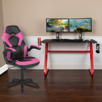 Flash Furniture BLN-X10RSG1030-PK-GG Red Gaming Desk and Pink/Black Racing Chair Set with Cup Holder and Headphone Hook